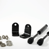 Sprinter van hood strut kit parts: two black struts, brackets, bolts, and washers
