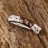Custom Handmade Damascus Steel EDC Folding Pocket Knife – 3-Inch Blade, Sheep Horn Handle, Leather Case – Perfect Wedding Gift by KBS Knives