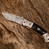 New Custom Handmade Damascus Steel Tanto Blade EDC Folding Pocket Knife | 3-Inch Blade, Buffalo Horn Handle, Leather Case | Perfect Gift by KBS Knives