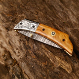 Hand Engraved Custom Damascus Steel EDC Folding Pocket Knife | 3-Inch Blade, Olive Wood Handle, Leather Case | Gift Idea
