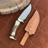 Custom Handmade Damascus Steel Hunting Knife with Antler Horn Handle & Brass Guards – 10" | KBS Knives