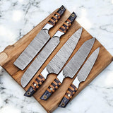 Handmade Custom Knife Set - 5 Damascus Steel Knives with Leather Sheath