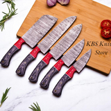 5 Pcs Custom Handmade Damascus Cooking Knives Set with Exotic Pakka Wood Handles