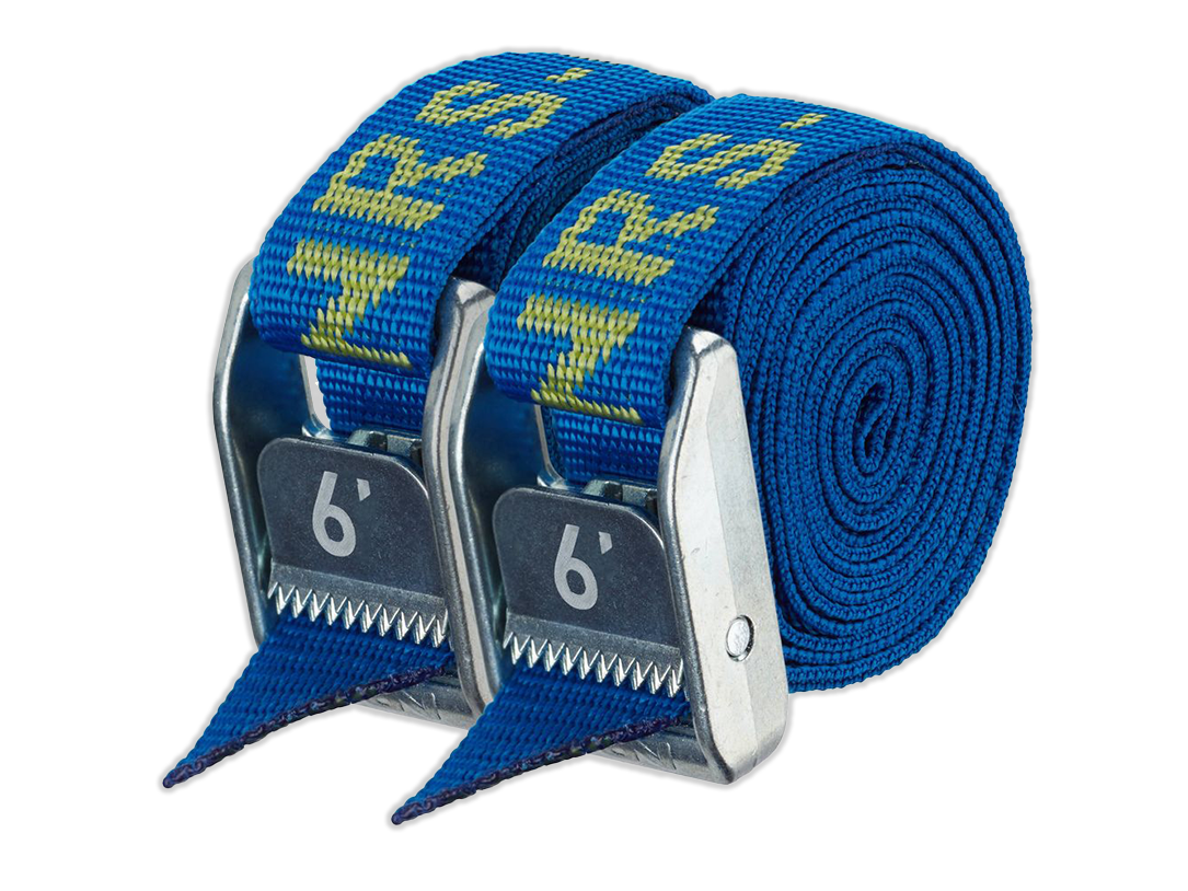 1-inch blue tie-down strap set with yellow stripes and metal cam buckles, 6 ft