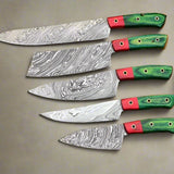 VerdantInferno Damascus Steel Kitchen Knife Set – 8 to 13 Inch Blades with Exotic Green & Red Wood Handles