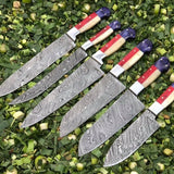 Artisan's Touch: 6-Piece Kitchen Knives Set with Twist Damascus Steel Blades, Exotic Wood and Bone Handles - Presented in a Leather Roll