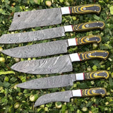 Artisanal Excellence: 6-Piece Kitchen Knives Set with Twist Damascus Steel Blades, Exotic Wood Handles, and Leather Roll