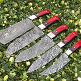 Artisanal Exotic Color Wood 5-Piece Kitchen Knives Set with Twist Damascus Steel Blades and Steel Bolsters - Culinary Mastery in a Leather Roll