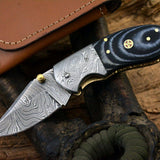 Custom Handmade Damascus Steel EDC Small Folding Pocket Knife with Canvas Micarta Handle and Leather Case by KBS Knives Store.