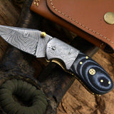 Custom Handmade Damascus Steel EDC Small Folding Pocket Knife with Canvas Micarta Handle and Leather Case by KBS Knives Store.