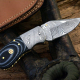 Custom Handmade Damascus Steel EDC Small Folding Pocket Knife with Canvas Micarta Handle and Leather Case by KBS Knives Store.