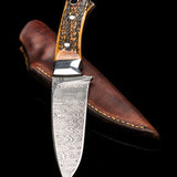 The Wilderness Elegance: Antler Horn and Steel Bolster Hunting Knife with Full Tang Damascus Steel Blade - 8.5 Inches