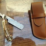 Damascus Steel Straight Razor with Antler Horn Handle - The Ultimate Shaving Elegance from KBS Knives Store