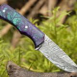 Custom Handmade Damascus Steel Hunting Knife with Epoxy Resin Handle and Leather Sheath - 8.5 Inches by KBS Knives Store