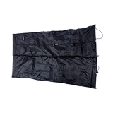 Black shower kit carry bag laid flat with drawstring tie closures