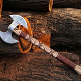 Mastercraft Battle Axe: Custom Handmade Engraved Double Blades with D2 Steel and Ash Wood Handle, Leather Wrap, and Sheath