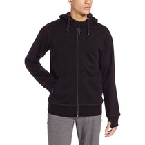 Black men's zip hoodie with hood, drawstring, and kangaroo pocket