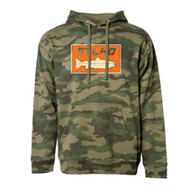 Men's camo pullover hoodie in green, with hood, drawstrings and front pouch pocket.