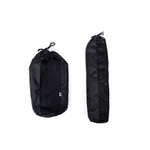 Black shower kit storage bag set with drawstring, shown front and side view
