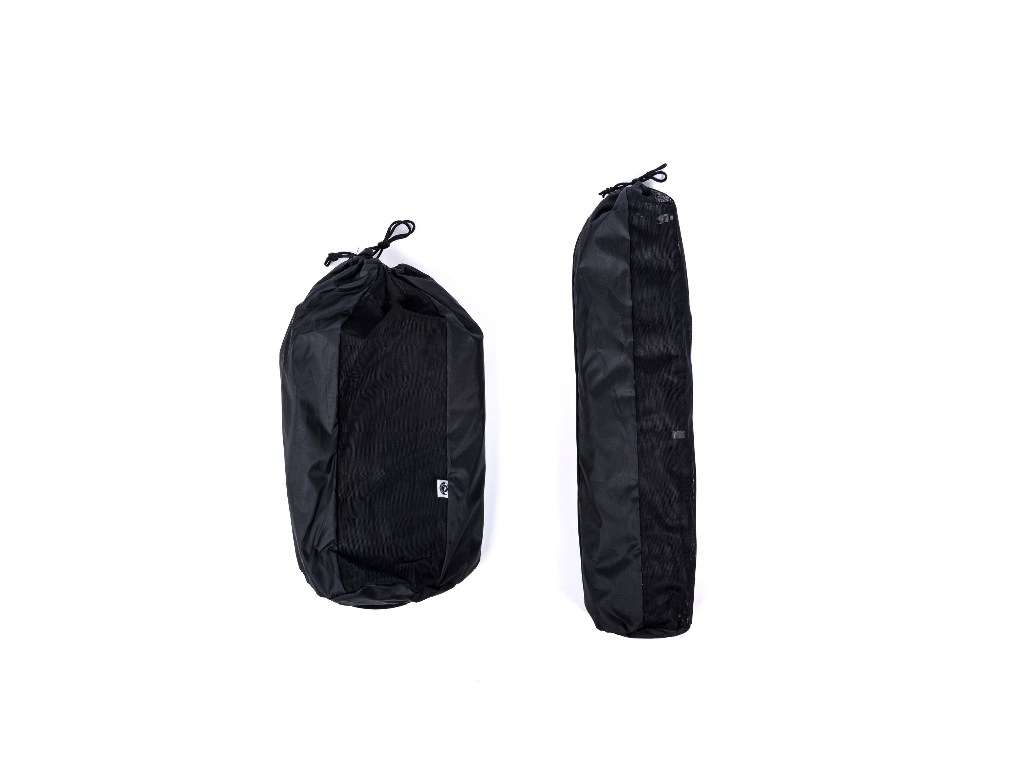 Black shower kit storage bag set with drawstring, shown front and side view
