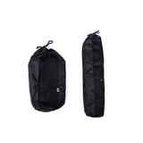 Black shower kit storage bag set with drawstring, shown front and side view