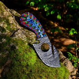Gut Hook Skinning Knife – 7.25" Damascus Steel Blade with Exotic Color Wood Handle