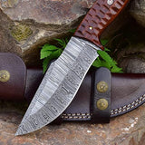Masterpiece in Steel: 10-inch Damascus Hunting Knife with Rosewood Handle and Leather Sheath - KBS Knives Store