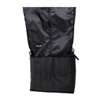 Hanging shower kit with black fabric cover and zippered lower storage pocket