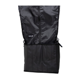 Hanging shower kit with black fabric cover and zippered lower storage pocket