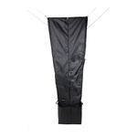 Black portable shower bag with zip front and drawstring opening, folded for travel
