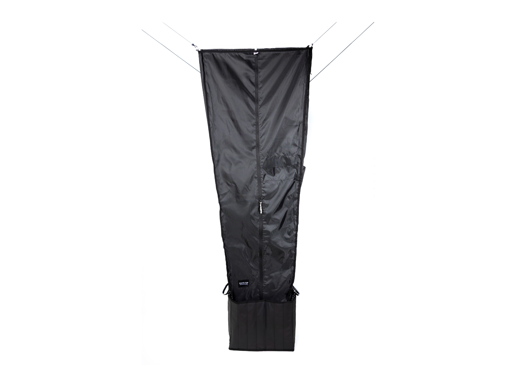 Black portable shower bag with zip front and drawstring opening, folded for travel