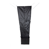 Black portable shower bag with zip front and drawstring opening, folded for travel