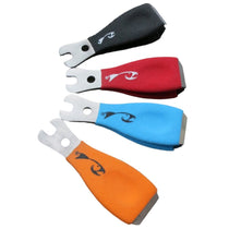 Set of fishing lure hook covers with metal clips in black, red, blue, and orange.