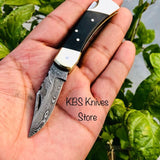 Custom Handmade Damascus Steel Small Folding Pocket Knife with Buffalo Horn Handle and Leather Case by KBS Knives Store.