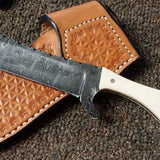 Custom Bull Cutter Knife – Handmade Damascus with Bone Handle & Leather Sheath | Western Ranch Ready