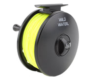 Die-cast fly reel with neon yellow floating line on dark spool, Wild Water branding