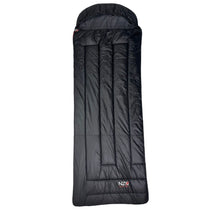 Black synthetic sleeping bag with hood, full-length zipper, quilted insulation