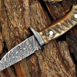 Custom Handmade Damascus Steel Blade Skinning Knife with Sheep Horn Handle, 8-Inch Overall Length, and Leather Sheath - Perfect for Hunters