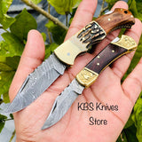 Pair Of Damascus Blade Edc Folding Knives