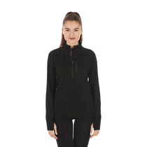 Women’s black 1/4-zip wool top with stand collar, zip pull, and kangaroo pocket