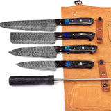 Custom Handmade Damascus Kitchen Knife Set with Sharpener
