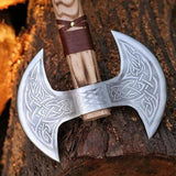 Mastercraft Battle Axe: Custom Handmade Engraved Double Blades with D2 Steel and Ash Wood Handle, Leather Wrap, and Sheath