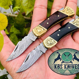Pair of Custom Handmade Damascus Steel Small Folding Pocket Knives with Rosewood and Buffalo Horn Handles