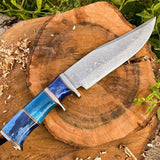 14-Inch Raindrops Damascus Steel Hunting Bowie Knife | Custom Handcrafted with Colored Bone Handle & Leather Sheath | KBS Knives