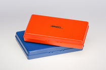 Orange and blue slim fly box set, both hinged lids closed.