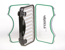 Waterproof briefcase box with black latch, white ribbed interior, green trim