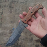 Custom Handmade Damascus Tanto Tracker Knife with Rosewood Handle - 10 inches Overall Length, Serrated Top Blade