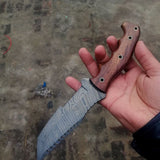 Custom Handmade Damascus Tanto Tracker Knife with Rosewood Handle - 10 inches Overall Length, Serrated Top Blade
