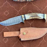 Custom Handmade Damascus Steel Hunting Knife with Antler Horn Handle & Brass Guards – 10" | KBS Knives