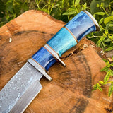 14-Inch Raindrops Damascus Steel Hunting Bowie Knife | Custom Handcrafted with Colored Bone Handle & Leather Sheath | KBS Knives